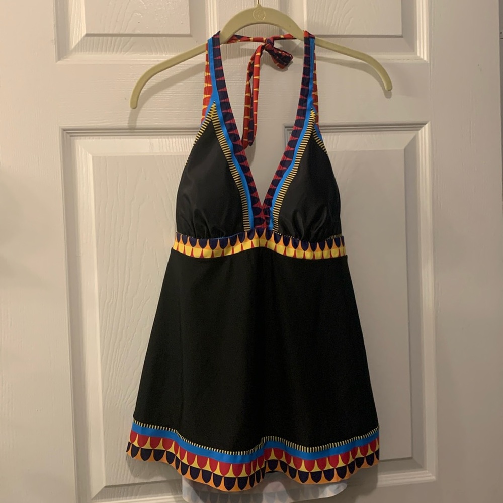 NEW-SWIM TOP -SKIRT HALTER SZ L BLACK/RED/YELLOE NWOT -PADS REMOVABLE (pp15”L17”